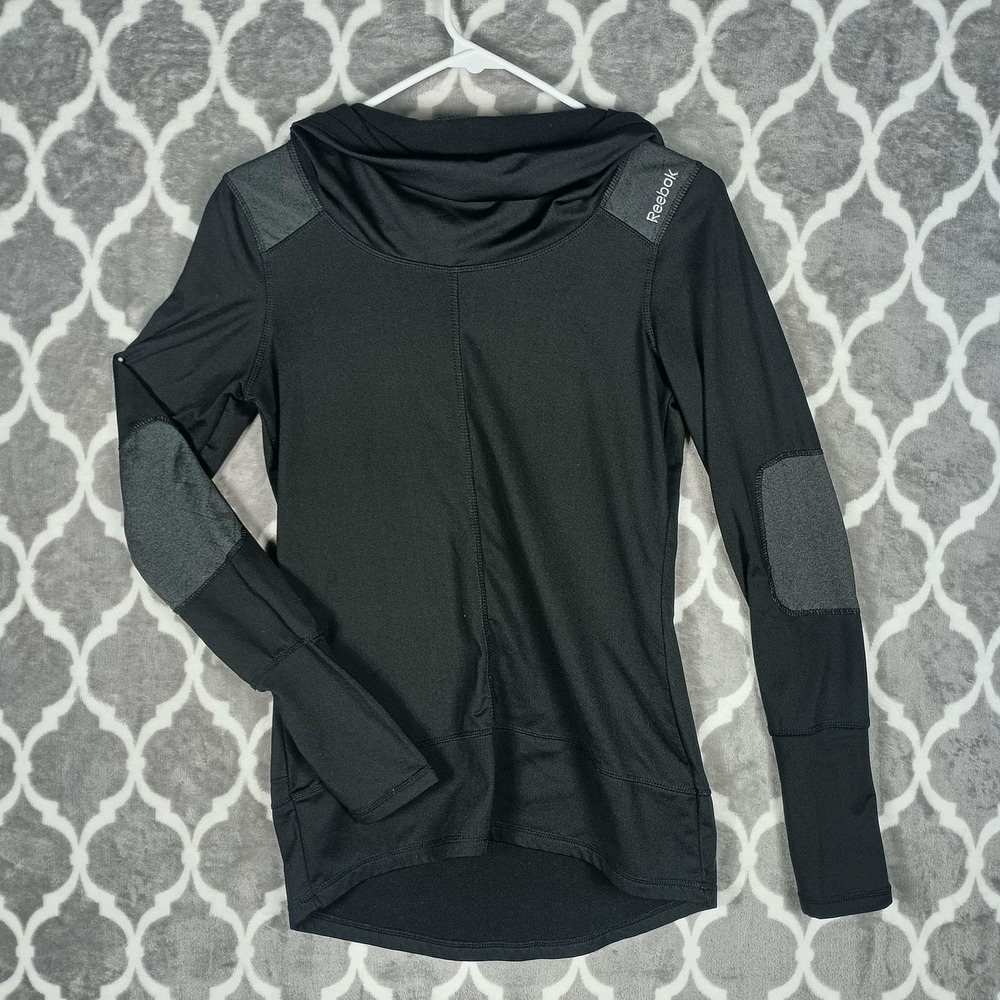 Reebok Running Top Women Extra Small Black Cowl Neck Thumbhole Reflective